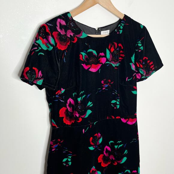 J. Crew Womens Short Sleeve Velvet Flutter Dress 4 Black Raspberry Floral Ruffle - Picture 5 of 11